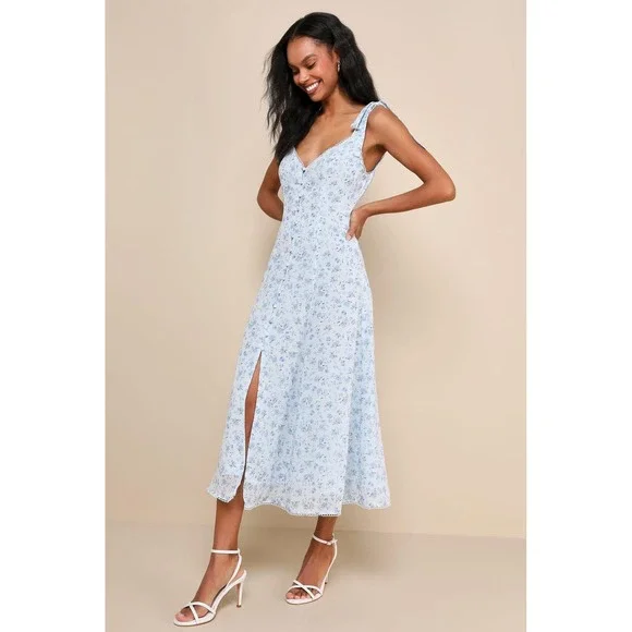 Lulus Charismatic Persona Light Blue Floral Tie-Strap Midi Dress Size XL - Picture 4 of 5